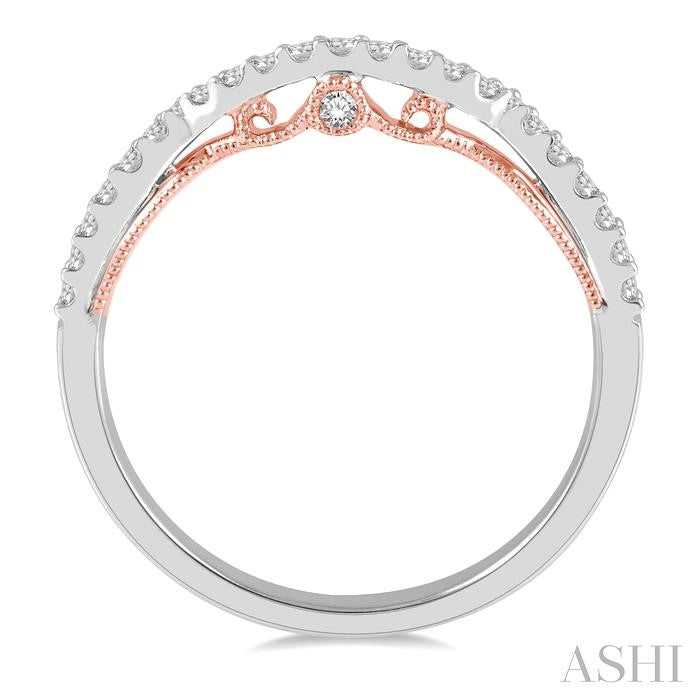 1/5 Ctw Boat Shape Center Round Cut Diamond Wedding Band in 14K White and Rose Gold