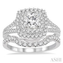 1 1/3 Ctw Diamond Bridal Set with 1 1/10 Ctw Princess Cut Engagement Ring and 1/5 Ctw Wedding Band in 14K White Gold