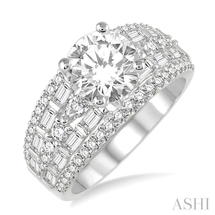 1 1/3 Ctw Round, Baguette and Pear Cut Diamond Round Shape Semi-Mount Engagement Ring in 14K White Gold