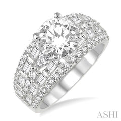 1 1/3 Ctw Round, Baguette and Pear Cut Diamond Round Shape Semi-Mount Engagement Ring in 14K White Gold