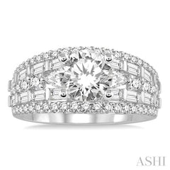 1 1/3 Ctw Round, Baguette and Pear Cut Diamond Round Shape Semi-Mount Engagement Ring in 14K White Gold