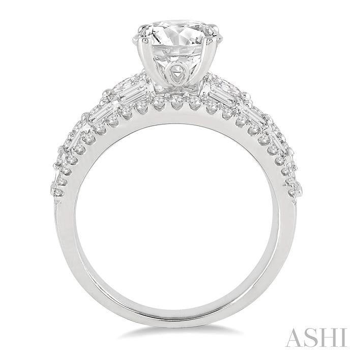 1 1/3 Ctw Round, Baguette and Pear Cut Diamond Round Shape Semi-Mount Engagement Ring in 14K White Gold