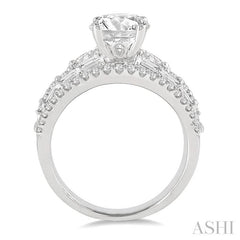 1 1/3 Ctw Round, Baguette and Pear Cut Diamond Round Shape Semi-Mount Engagement Ring in 14K White Gold