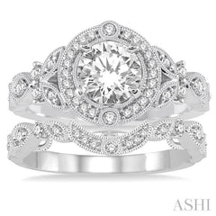 3/4 Ctw Diamond Bridal Set with 5/8 Ctw Round Cut Engagement Ring and 1/10 Ctw Wedding Band in 14K White Gold