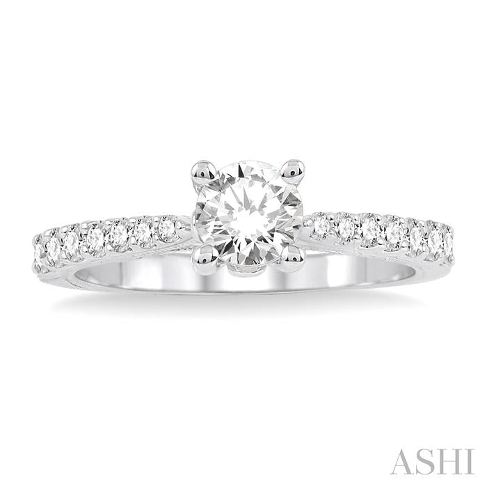 3/4 Ctw Diamond Engagement Ring with 1/2 Ct Round Cut Center Stone in 14K White Gold