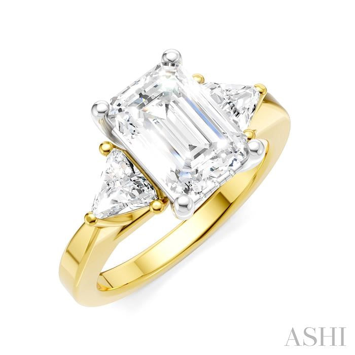 1/2 Ctw Emerald Shape Trillion and Round Cut Diamond Semi-Mount Engagement Ring in 14K Yellow and White Gold