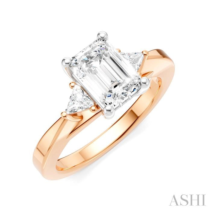 1/4 Ctw Emerald Shape Trillion and Round Cut Diamond Semi-Mount Engagement Ring in 14K Rose and White Gold