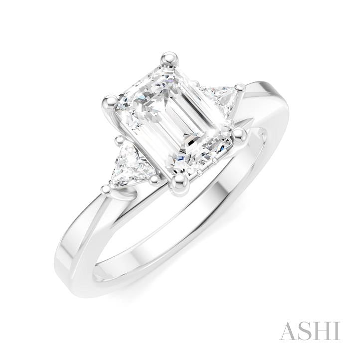 1/4 Ctw Emerald Shape Trillion and Round Cut Diamond Semi-Mount Engagement Ring in 14K White Gold