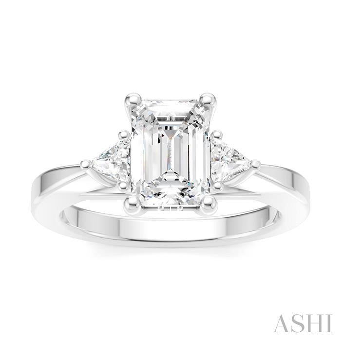 1/4 Ctw Emerald Shape Trillion and Round Cut Diamond Semi-Mount Engagement Ring in 14K White Gold