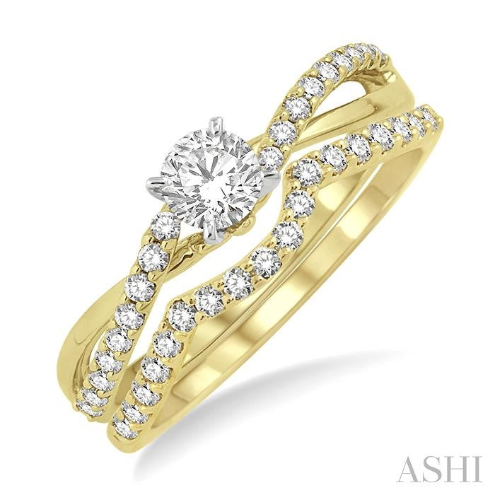 5/8 Ctw Diamond Wedding Set with 1/2 Ctw Round Cut Engagement Ring and 1/5 Ctw Wedding Band in 14K Yellow and White Gold