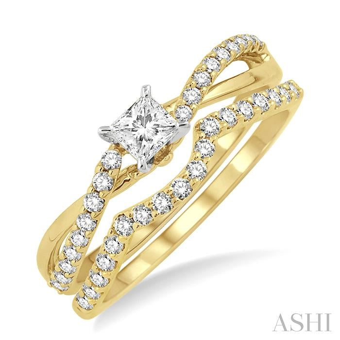 5/8 Ctw Diamond Wedding Set with 1/2 Ctw Princess Cut Engagement Ring and 1/5 Ctw Wedding Band in 14K Yellow and White Gold
