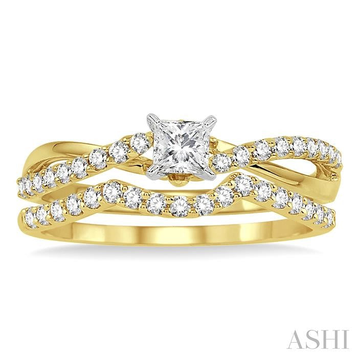 5/8 Ctw Diamond Wedding Set with 1/2 Ctw Princess Cut Engagement Ring and 1/5 Ctw Wedding Band in 14K Yellow and White Gold