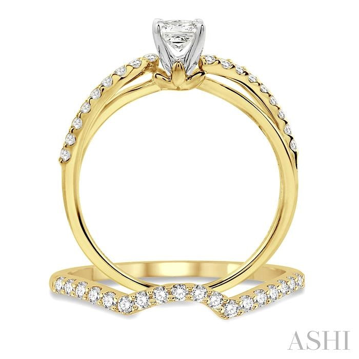5/8 Ctw Diamond Wedding Set with 1/2 Ctw Princess Cut Engagement Ring and 1/5 Ctw Wedding Band in 14K Yellow and White Gold