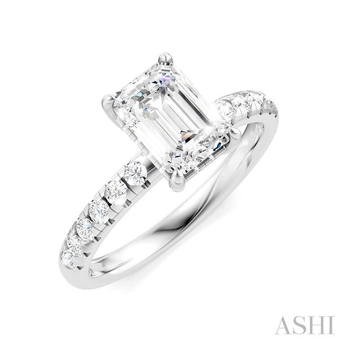 1/3 Ctw Emerald Shape Round Cut Diamond Semi-Mount Engagement Ring in 14K White Gold
