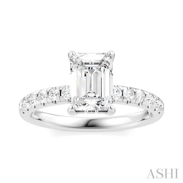 1/3 Ctw Emerald Shape Round Cut Diamond Semi-Mount Engagement Ring in 14K White Gold