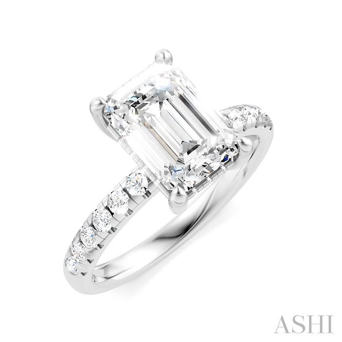1/3 Ctw Emerald Shape Round Cut Diamond Semi-Mount Engagement Ring in 14K White Gold