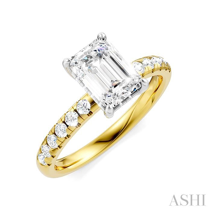 1/3 Ctw Emerald Shape Round Cut Diamond Semi-Mount Engagement Ring in 14K Yellow and White Gold