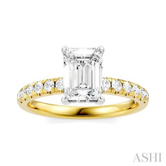 1/3 Ctw Emerald Shape Round Cut Diamond Semi-Mount Engagement Ring in 14K Yellow and White Gold