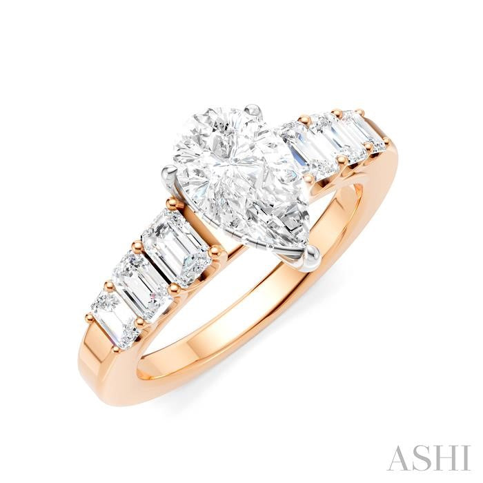 1 Ctw Pear Shape Emerald and Round Cut Diamond Semi-Mount Engagement Ring in 14K Rose and White Gold