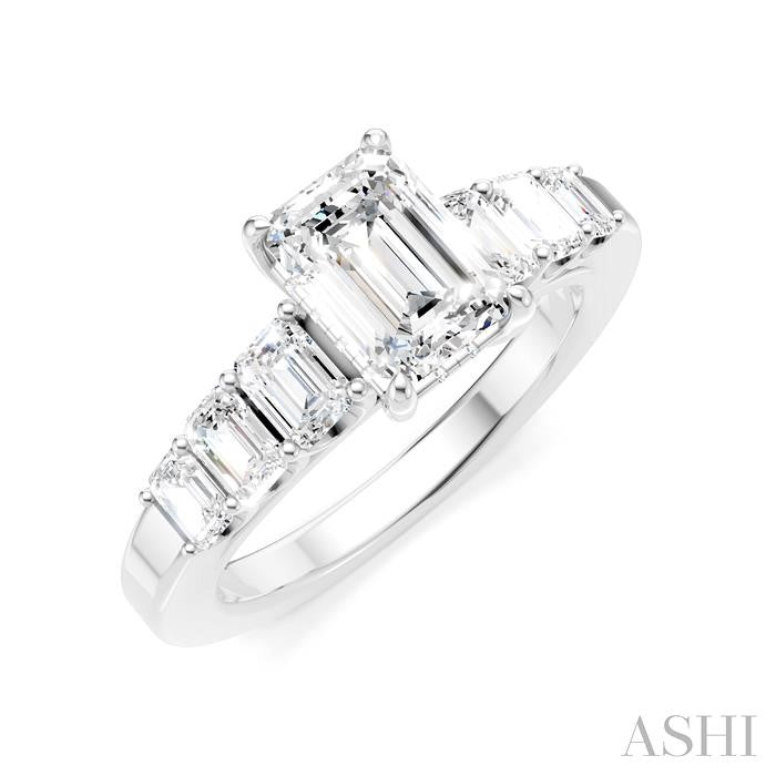 1 Ctw Emerald Shape Emerald and Round Cut Diamond Semi-Mount Engagement Ring in 14K White Gold
