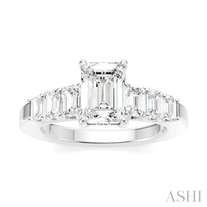 1 Ctw Emerald Shape Emerald and Round Cut Diamond Semi-Mount Engagement Ring in 14K White Gold