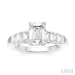 1 Ctw Emerald Shape Emerald and Round Cut Diamond Semi-Mount Engagement Ring in 14K White Gold