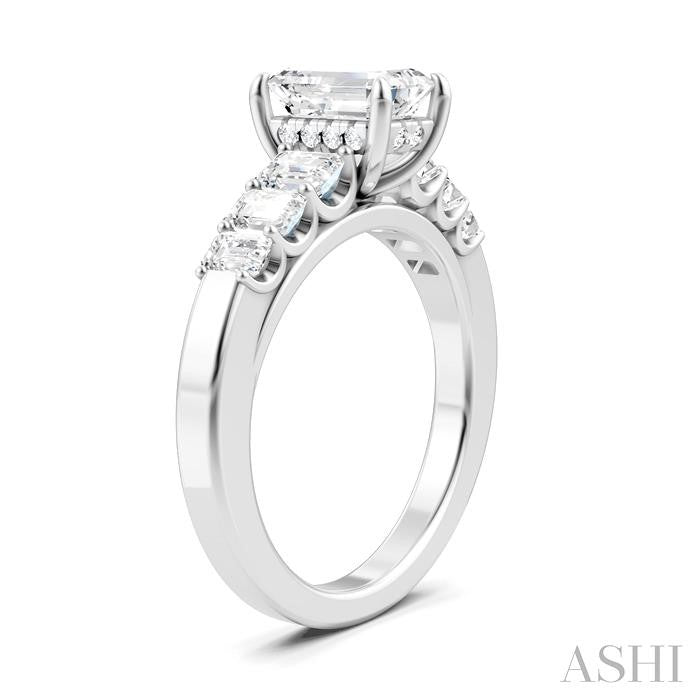 1 Ctw Emerald Shape Emerald and Round Cut Diamond Semi-Mount Engagement Ring in 14K White Gold