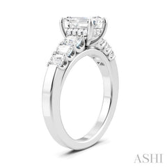 1 Ctw Emerald Shape Emerald and Round Cut Diamond Semi-Mount Engagement Ring in 14K White Gold