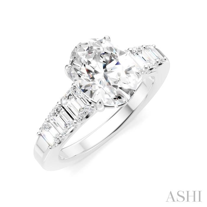 1 Ctw Oval Shape Emerald and Round Cut Diamond Semi-Mount Engagement Ring in 14K White Gold