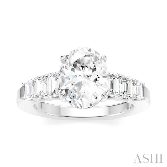 1 Ctw Oval Shape Emerald and Round Cut Diamond Semi-Mount Engagement Ring in 14K White Gold