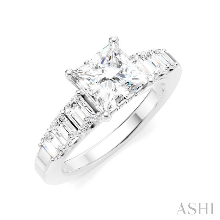 1 Ctw Princess Shape Emerald and Round Cut Diamond Semi-Mount Engagement Ring in 14K White Gold