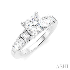 1 Ctw Princess Shape Emerald and Round Cut Diamond Semi-Mount Engagement Ring in 14K White Gold