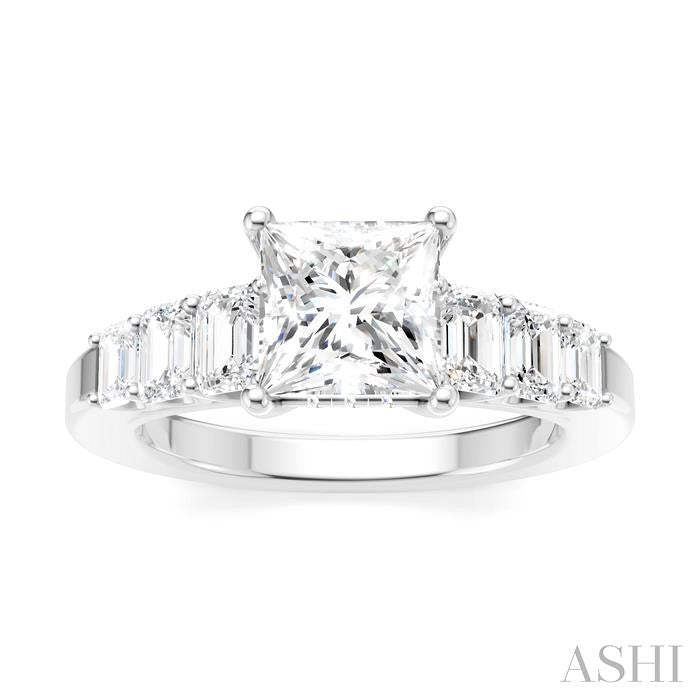 1 Ctw Princess Shape Emerald and Round Cut Diamond Semi-Mount Engagement Ring in 14K White Gold