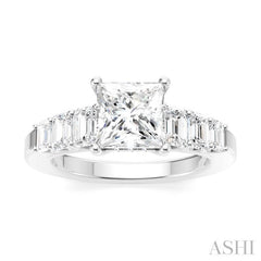 1 Ctw Princess Shape Emerald and Round Cut Diamond Semi-Mount Engagement Ring in 14K White Gold