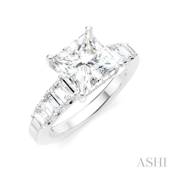 1 Ctw Princess Shape Emerald and Round Cut Diamond Semi-Mount Engagement Ring in 14K White Gold