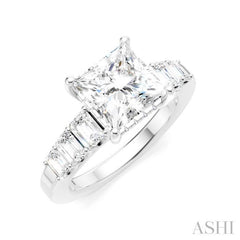 1 Ctw Princess Shape Emerald and Round Cut Diamond Semi-Mount Engagement Ring in 14K White Gold