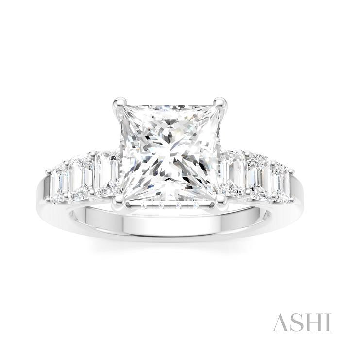 1 Ctw Princess Shape Emerald and Round Cut Diamond Semi-Mount Engagement Ring in 14K White Gold