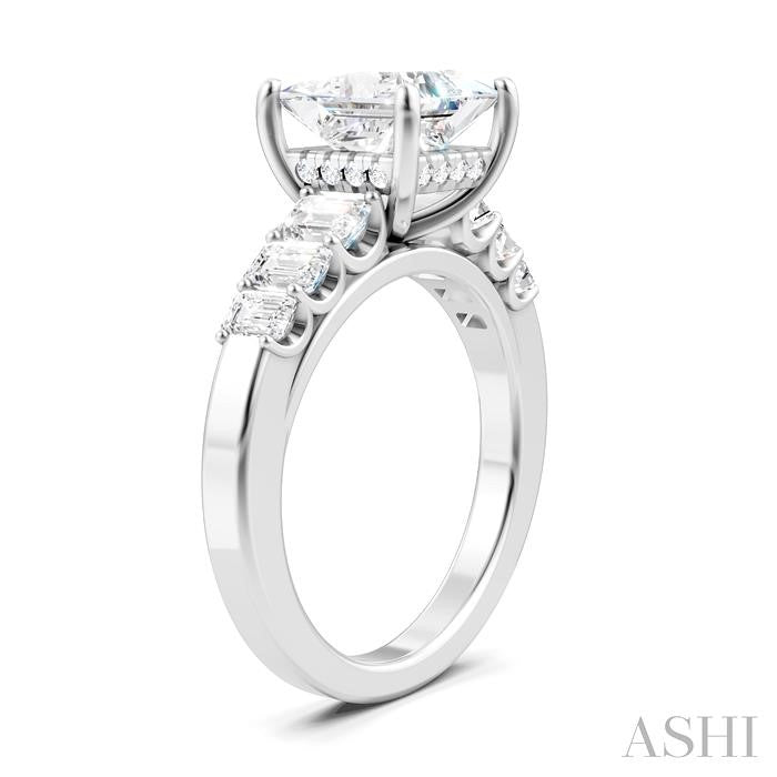 1 Ctw Princess Shape Emerald and Round Cut Diamond Semi-Mount Engagement Ring in 14K White Gold