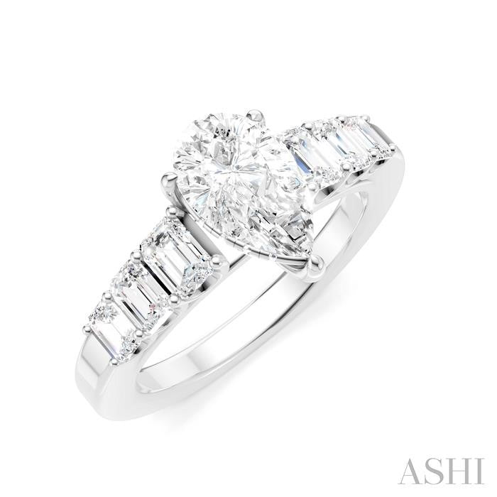 1 Ctw Pear Shape Emerald and Round Cut Diamond Semi-Mount Engagement Ring in 14K White Gold