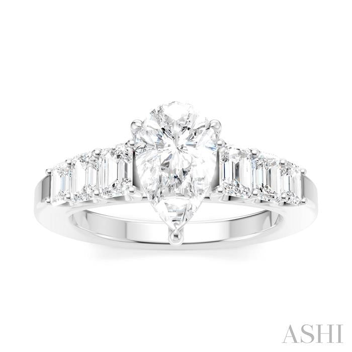 1 Ctw Pear Shape Emerald and Round Cut Diamond Semi-Mount Engagement Ring in 14K White Gold