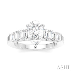 1 Ctw Pear Shape Emerald and Round Cut Diamond Semi-Mount Engagement Ring in 14K White Gold
