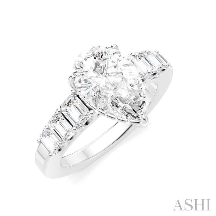 1 Ctw Pear Shape Emerald and Round Cut Diamond Semi-Mount Engagement Ring in 14K White Gold