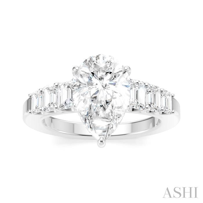 1 Ctw Pear Shape Emerald and Round Cut Diamond Semi-Mount Engagement Ring in 14K White Gold