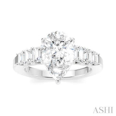 1 Ctw Pear Shape Emerald and Round Cut Diamond Semi-Mount Engagement Ring in 14K White Gold