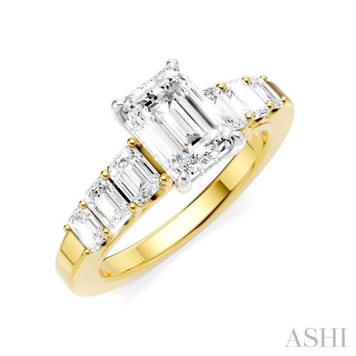 1 Ctw Emerald Shape Emerald and Round Cut Diamond Semi-Mount Engagement Ring in 14K Yellow and White Gold