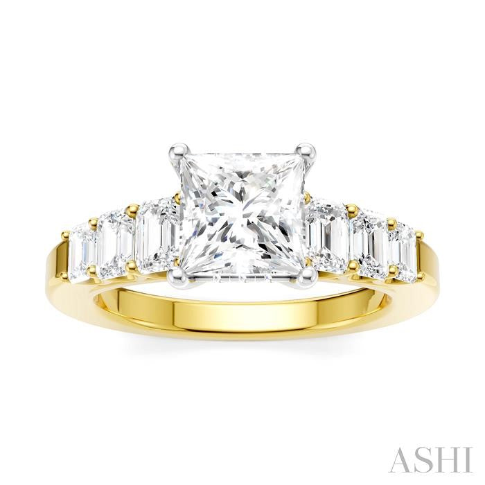 1 Ctw Princess Shape Emerald and Round Cut Diamond Semi-Mount Engagement Ring in 14K Yellow and White Gold