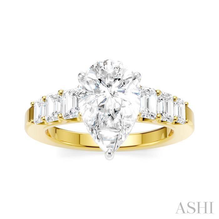 1 Ctw Pear Shape Emerald and Round Cut Diamond Semi-Mount Engagement Ring in 14K Yellow and White Gold