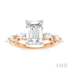 3/4 Ctw Emerald Shape Marquise and Round Cut Diamond Semi-Mount Engagement Ring in 14K Rose and White Gold