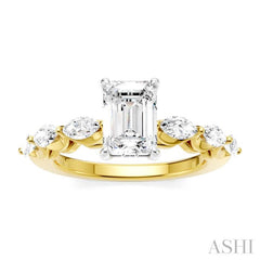 3/4 Ctw Emerald Shape Marquise and Round Cut Diamond Semi-Mount Engagement Ring in 14K Yellow and White Gold