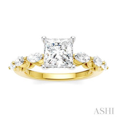 3/4 Ctw Princess Shape Marquise and Round Cut Diamond Semi-Mount Engagement Ring in 14K Yellow and White Gold